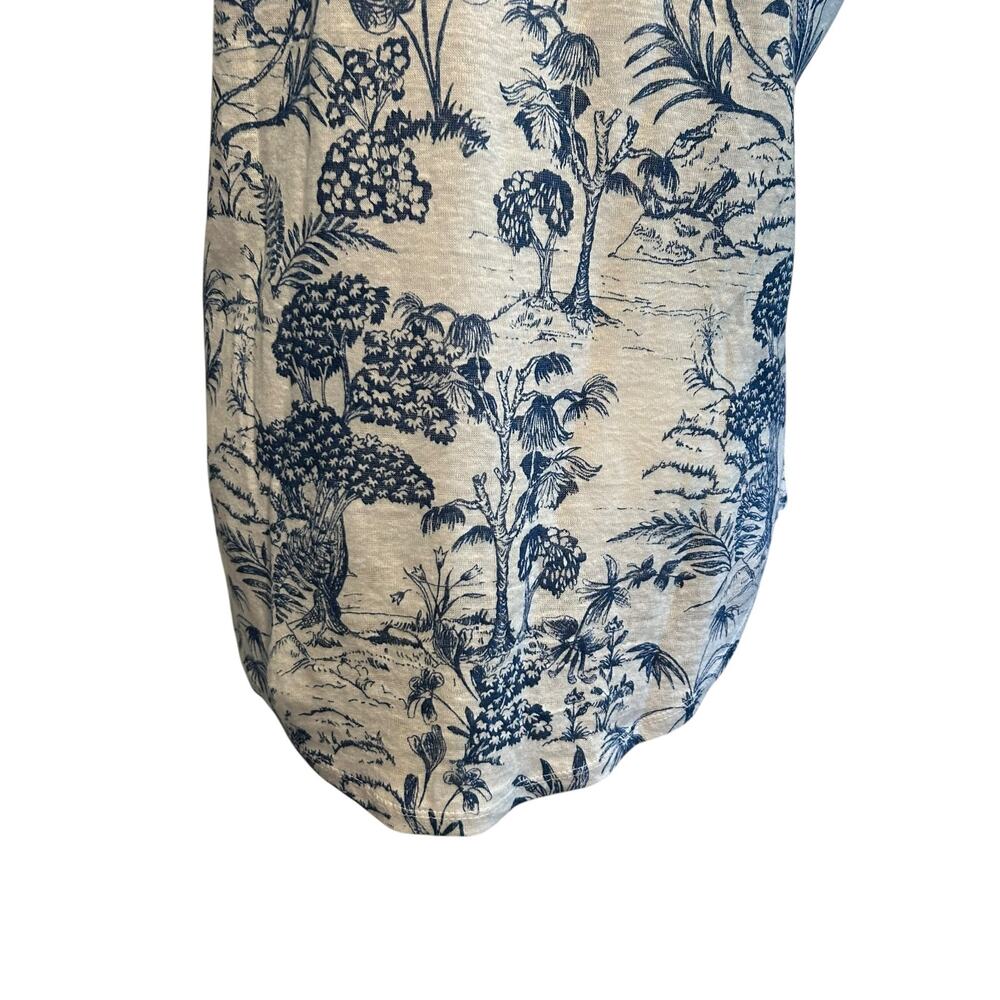 Blue White Linen Tropical Toile Print Cap Sleeve Top Coastal Grandmother S - Picture 11 of 13